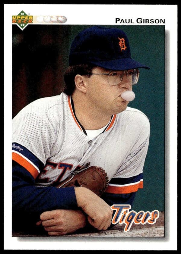 Paul Gibson 1992 Upper Deck #489 baseball card, showcasing mid-action pitch in team uniform.