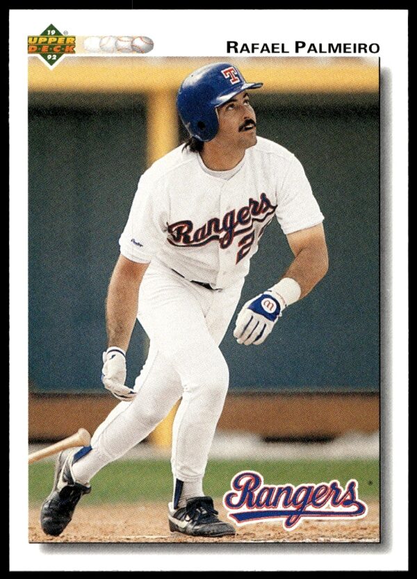 Front of 1992 Upper Deck baseball card featuring Rafael Palmeiro in Texas Rangers uniform.