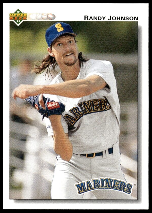 Randy Johnson 1992 Upper Deck Mariners baseball card showcasing his iconic pitching form.