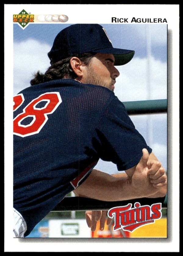 Rick Aguilera 1992 Upper Deck MLB card #130, Minnesota Twins, mid-pitch action.