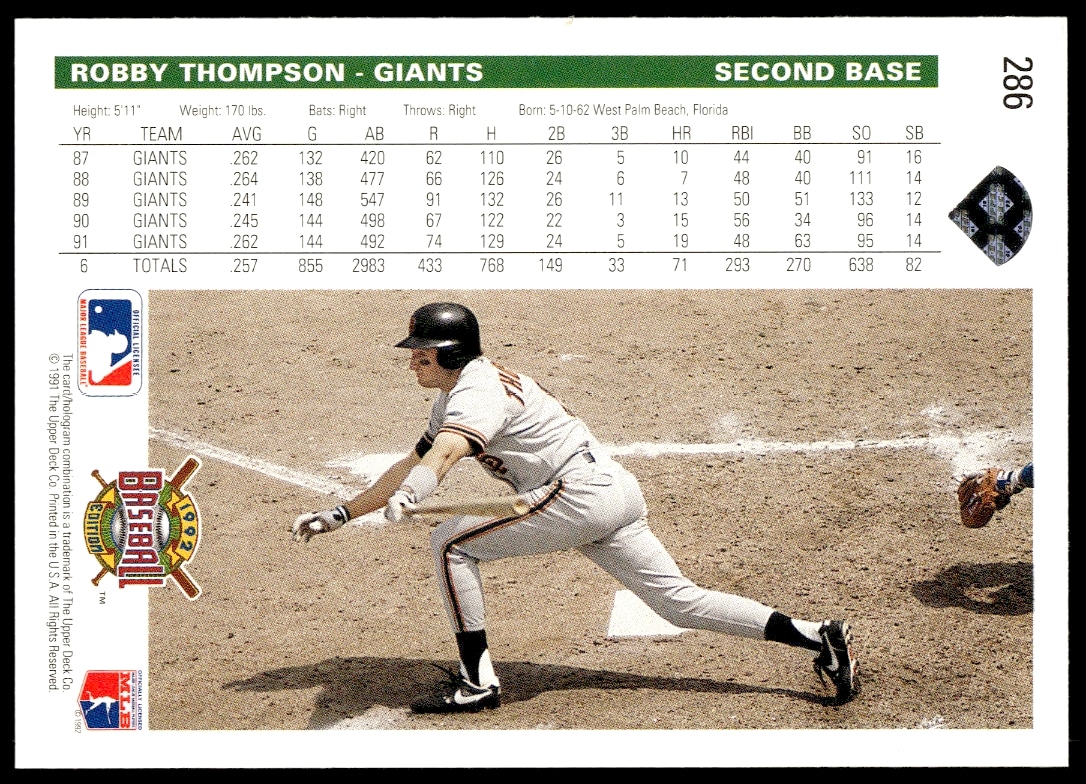 Back of 1992 Upper Deck Robby Thompson card: stats, highlights, bio, and action photo.