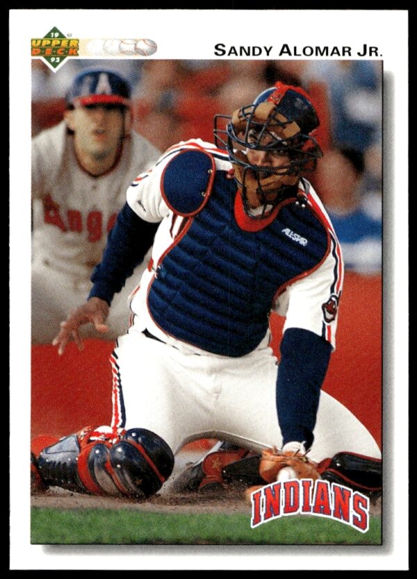 Sandy Alomar Jr. 1992 Upper Deck card, action shot as Cleveland Indians catcher.