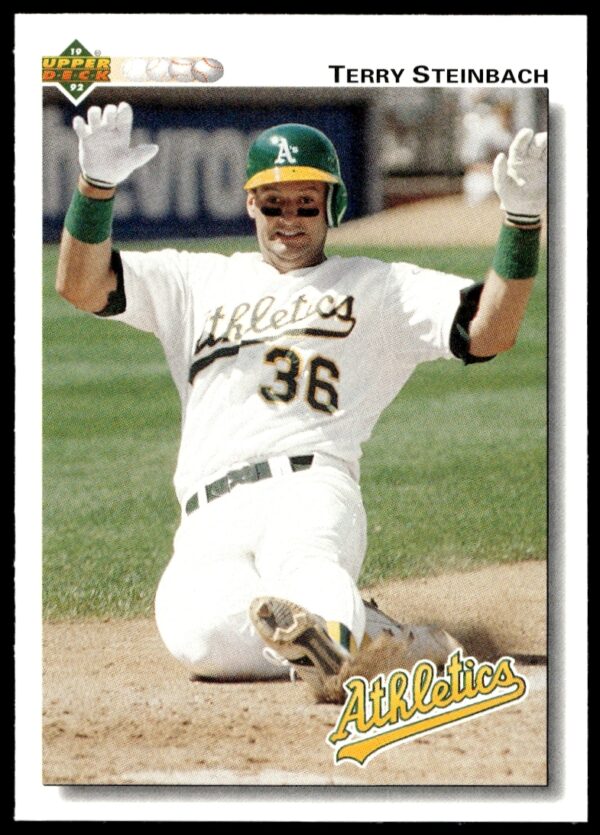 Terry Steinbach 1992 Upper Deck baseball card, Oakland Athletics action shot, card #473.