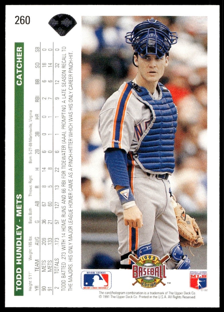 Back of 1992 Todd Hundley baseball card with stats, highlights, and 90s baseball design.