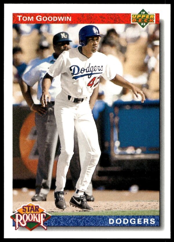 1992 Upper Deck Tom Goodwin Rookie Card #20 in Dodgers Uniform, Front View.