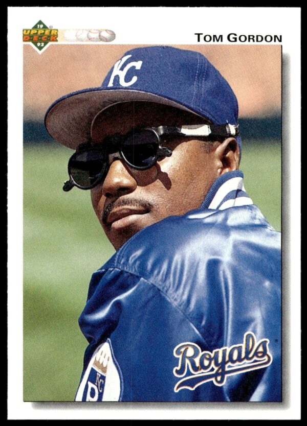 Tom Gordon pitching, 1992 Upper Deck card #476, Kansas City Royals pitcher in action.