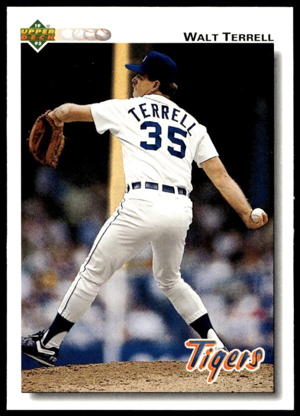 Walt Terrell pitching on 1992 Upper Deck card #520, showcasing his intense focus and form.
