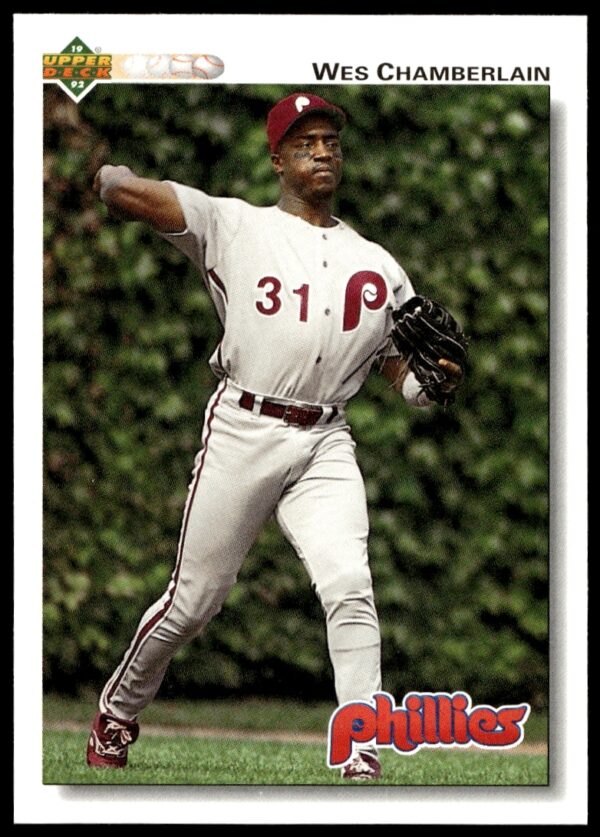 Wes Chamberlain 1992 Upper Deck MLB card #347, action shot, Philadelphia Phillies.