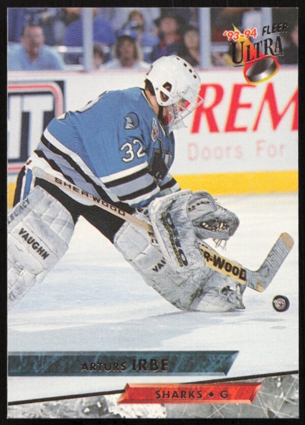 Arturs Irbe in San Jose Sharks gear on 1993-94 Fleer Ultra hockey card #145.
