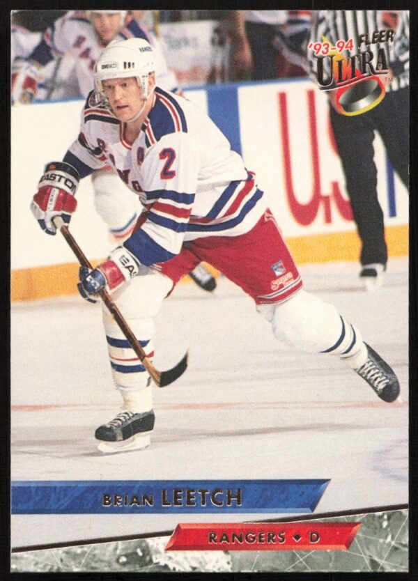 Brian Leetch Fleer Ultra 1993-94 hockey card, New York Rangers, #132 action shot.