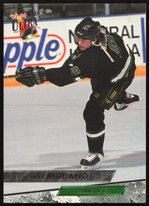 Mike Modano 1993-94 Fleer Ultra hockey card with team colors and action shot.