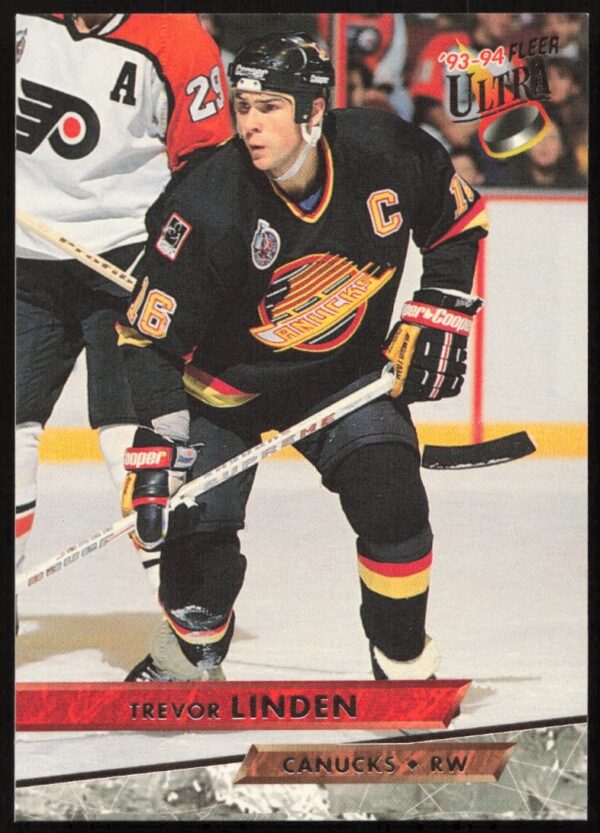 Trevor Linden 1993-94 Fleer Ultra Hockey Card #109, Vancouver Canucks, action shot.