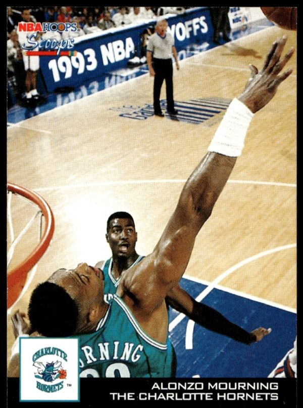 Front of 1993-94 Hoops Alonzo Mourning Scoops #HS3 basketball card from early NBA career.