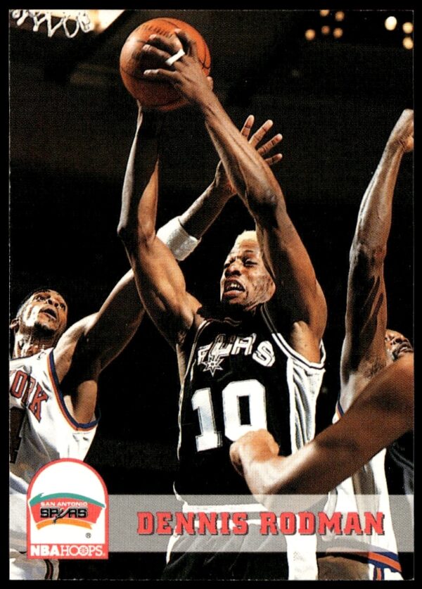 Dennis Rodman 1993-94 Hoops card #405, displaying his iconic defensive stance.