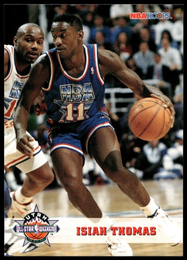 1993-94 Hoops card of Isiah Thomas in action, Detroit Pistons jersey, #258.