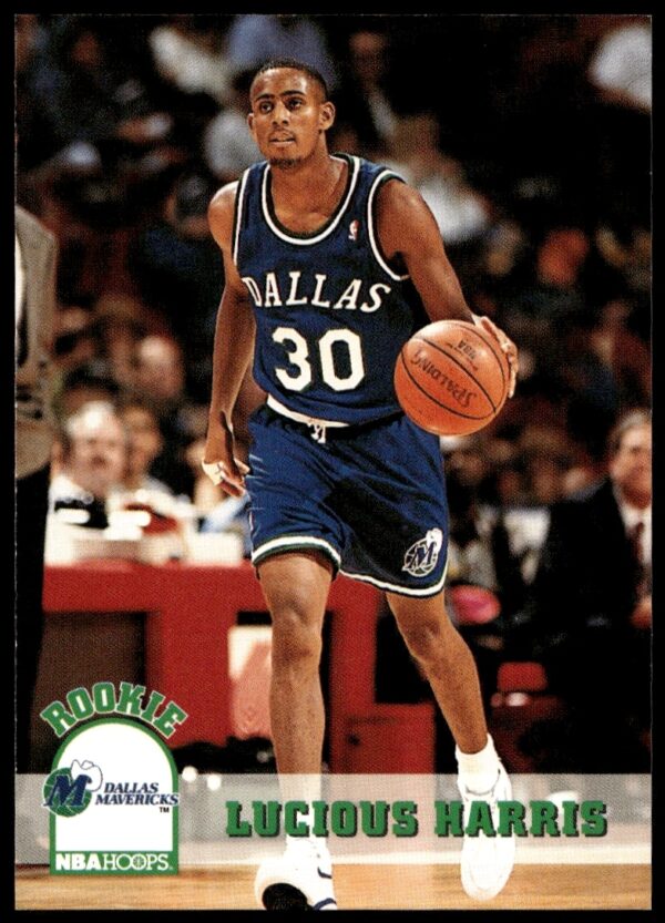 Lucious Harris 1993-94 Hoops Basketball Card #320 featuring rookie season action scene.