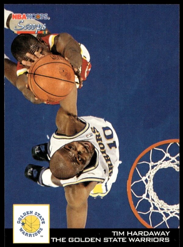 Tim Hardaway 1993-94 Hoops Scoops #HS9 card front, showcasing his crossover dribble in Warriors uniform.