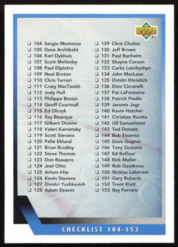 1993-94 Upper Deck Hockey Checklist Front: Cards 104-206, Focus on Card #206.