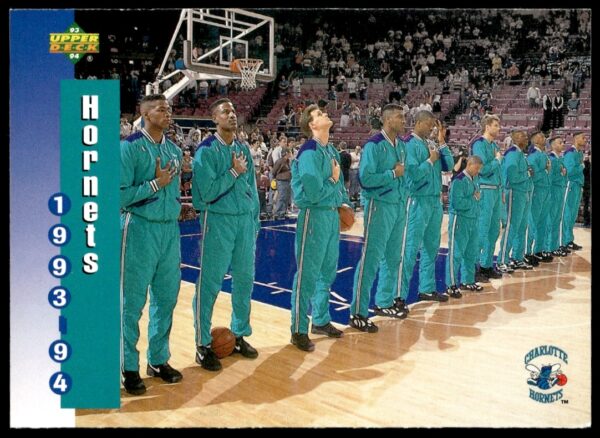 Charlotte Hornets 1993-94 Upper Deck Card #212 Front - Teal and Purple Uniform Action.