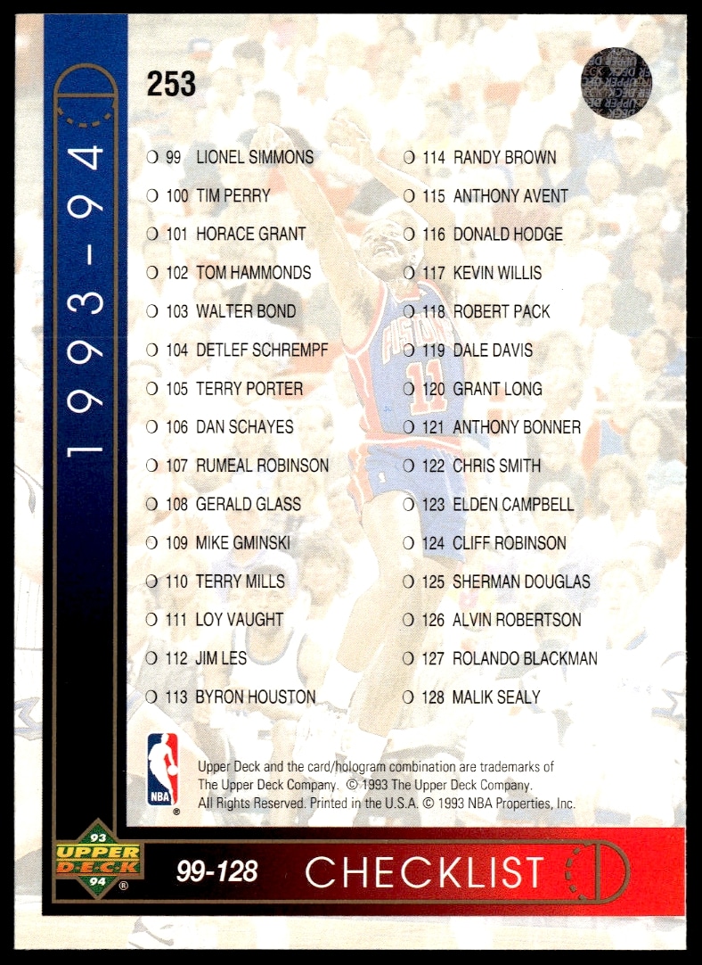 1993-94 Upper Deck Checklist card back: Players 65-128, enhancing sports collections.