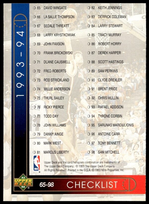 Front of 1993-94 Upper Deck Collectors Choice checklist card #253, cards 65-128 included.