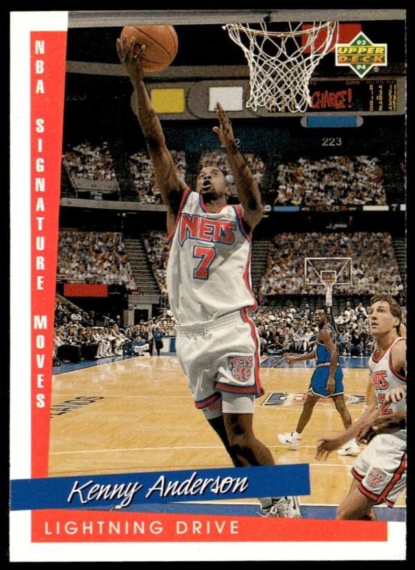 Kenny Anderson 1993-94 Upper Deck basketball card, dribbling in New Jersey Nets jersey.