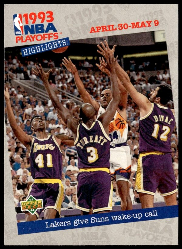 1993-94 Upper Deck Lakers vs. Suns trading card showing action-packed basketball scene.