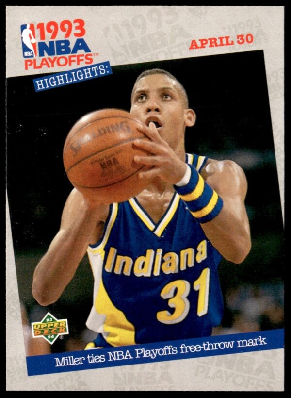 Reggie Miller 1993-94 NBA Playoffs Upper Deck card highlights standout performances, action-packed imagery.