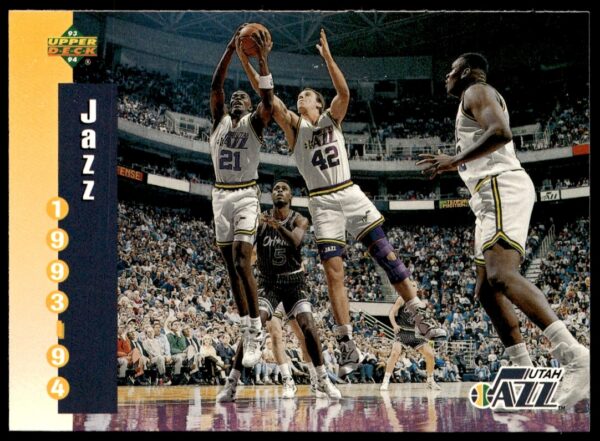 Utah Jazz 1993-94 Upper Deck trading card #235, dynamic action and arena backdrop.
