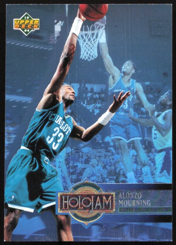 Alonzo Mourning 1993-94 Upper Deck Holojam Card #H3, featuring holographic design (Front).