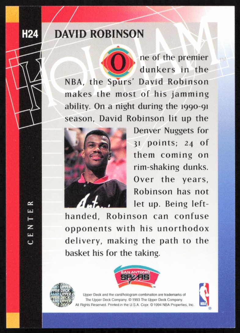 David Robinson 1993-94 Upper Deck Holojam Card Back, H24, with stats and highlights.