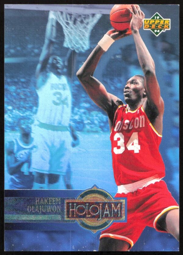 Hakeem Olajuwon 1993-94 Upper Deck Holojam Card #H10, action pose, holographic design.