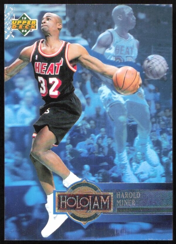 Harold Miner 1993-94 Upper Deck Holojam card front, showcasing dynamic basketball action.
