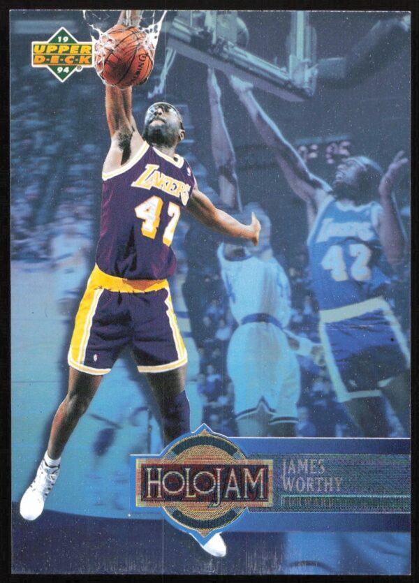 James Worthy 1993-94 Upper Deck Holojam Card #H13 showcases iconic holographic basketball action.