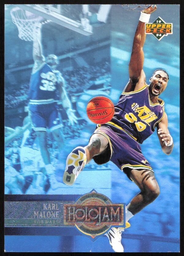 Karl Malone 1993-94 Holojam NBA trading card showcasing dynamic gameplay.
