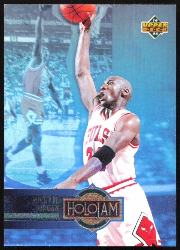 Front of 1993-94 Upper Deck Holojam card featuring Michael Jordan, holographic design, #H4.