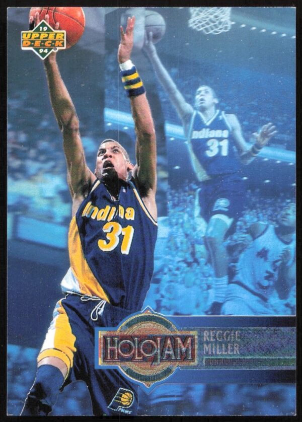 Reggie Miller 1993 Upper Deck Holojam Card #H11, highlights iconic shooting form.