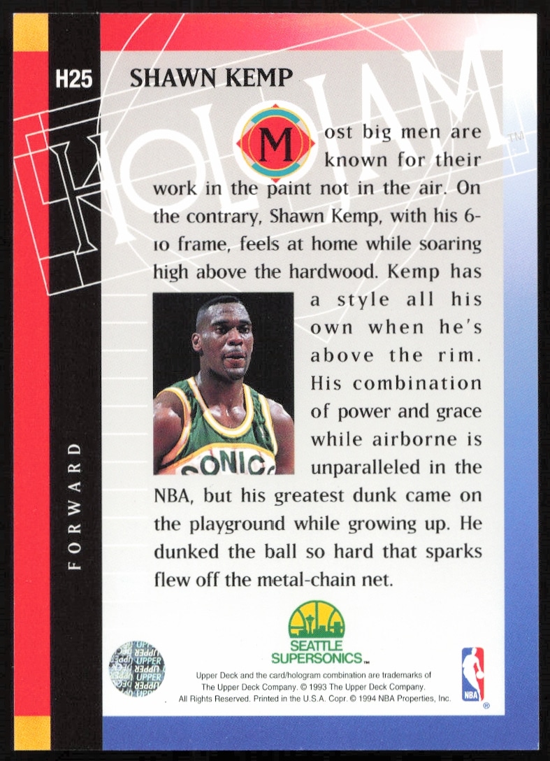 Back of 1993-94 Upper Deck Holojam Shawn Kemp #H25 card with stats and bio.
