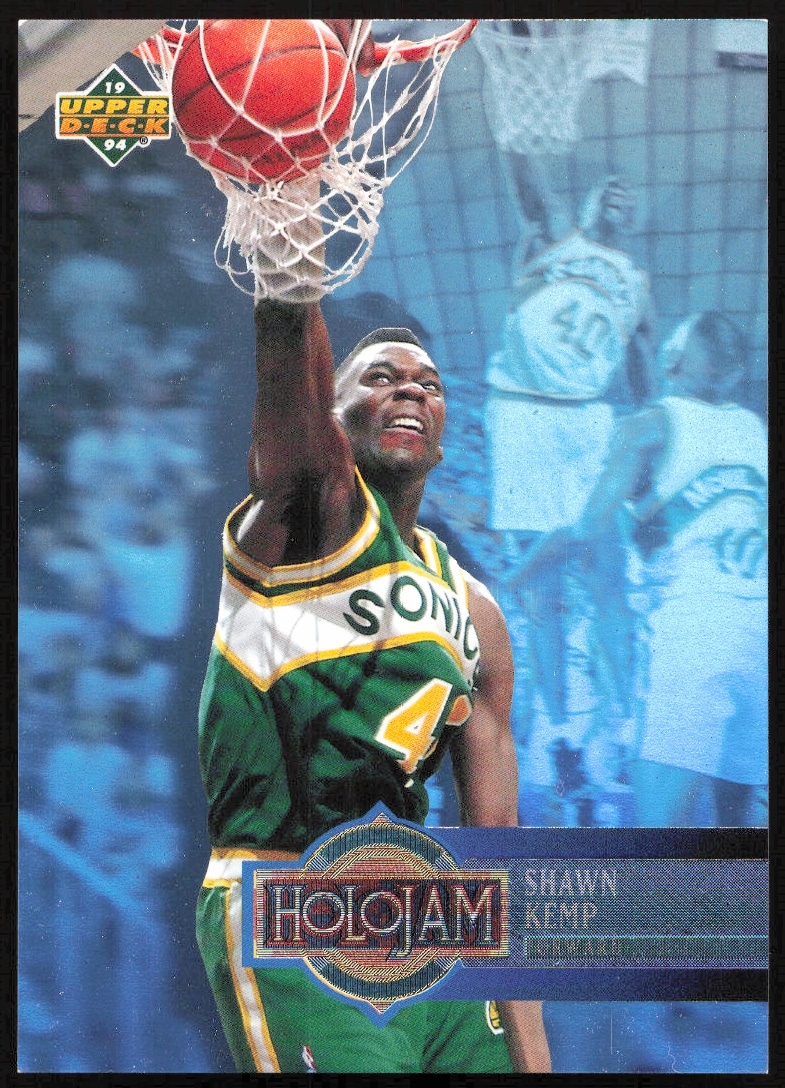 Front view of 1993-94 Upper Deck Holojam Card H25, featuring Shawn Kemp in action.