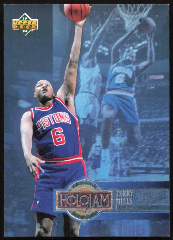 Dynamic action shot of Terry Mills on 1993-94 Upper Deck Holojam Card #H8, featuring holographics.