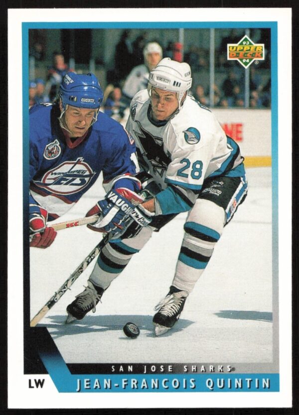 Jean-Francois Quintin 1993-94 Upper Deck hockey card #21, showing his focused expression in team jersey.