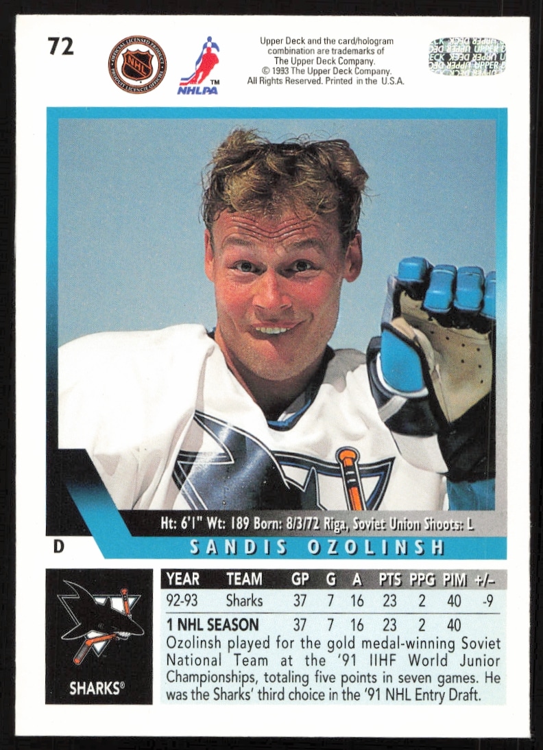 1993-94 Sandis Ozolinsh Upper Deck card back: stats, bio, achievements, Sharks defenseman.