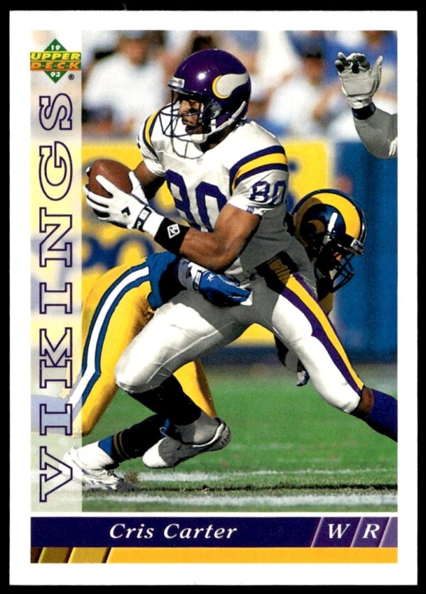 Cris Carter 1993 Upper Deck #137, Minnesota Vikings, action shot, vivid colors.