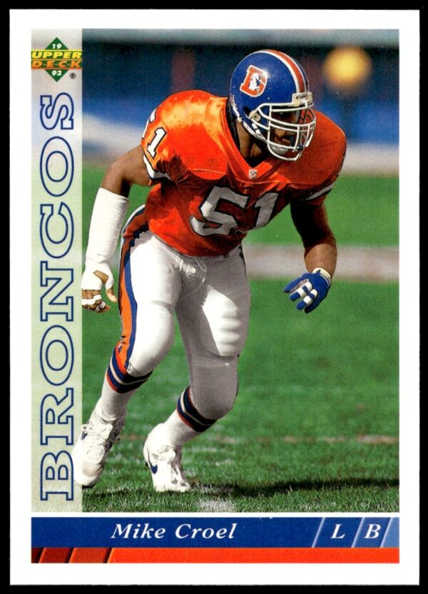 1993 Upper Deck Mike Croel football card #204, Denver Broncos linebacker in action.