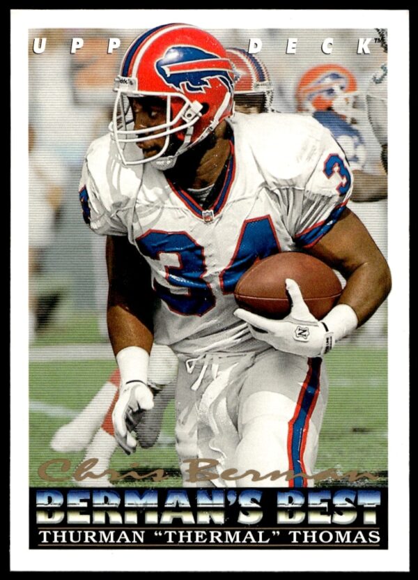 1993 Upper Deck Thurman Thomas trading card #438 featuring him in Buffalo Bills uniform.