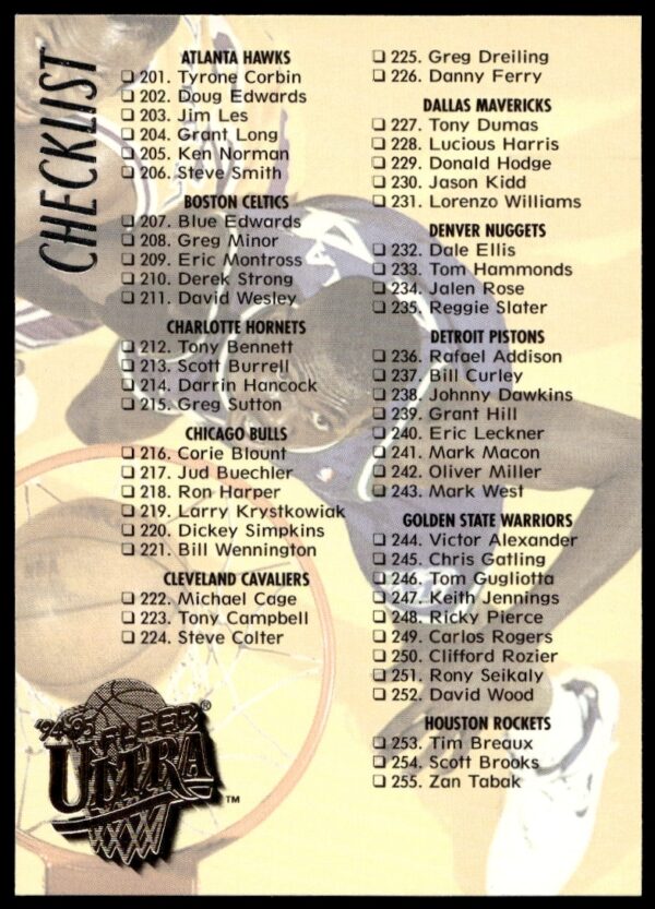 Front of 1994-95 Fleer Ultra basketball card checklist for cards 201-307, #349.