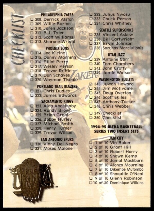 Front of 1994-95 Fleer Ultra card checklist, highlighting collectibles and insert cards #308-350.