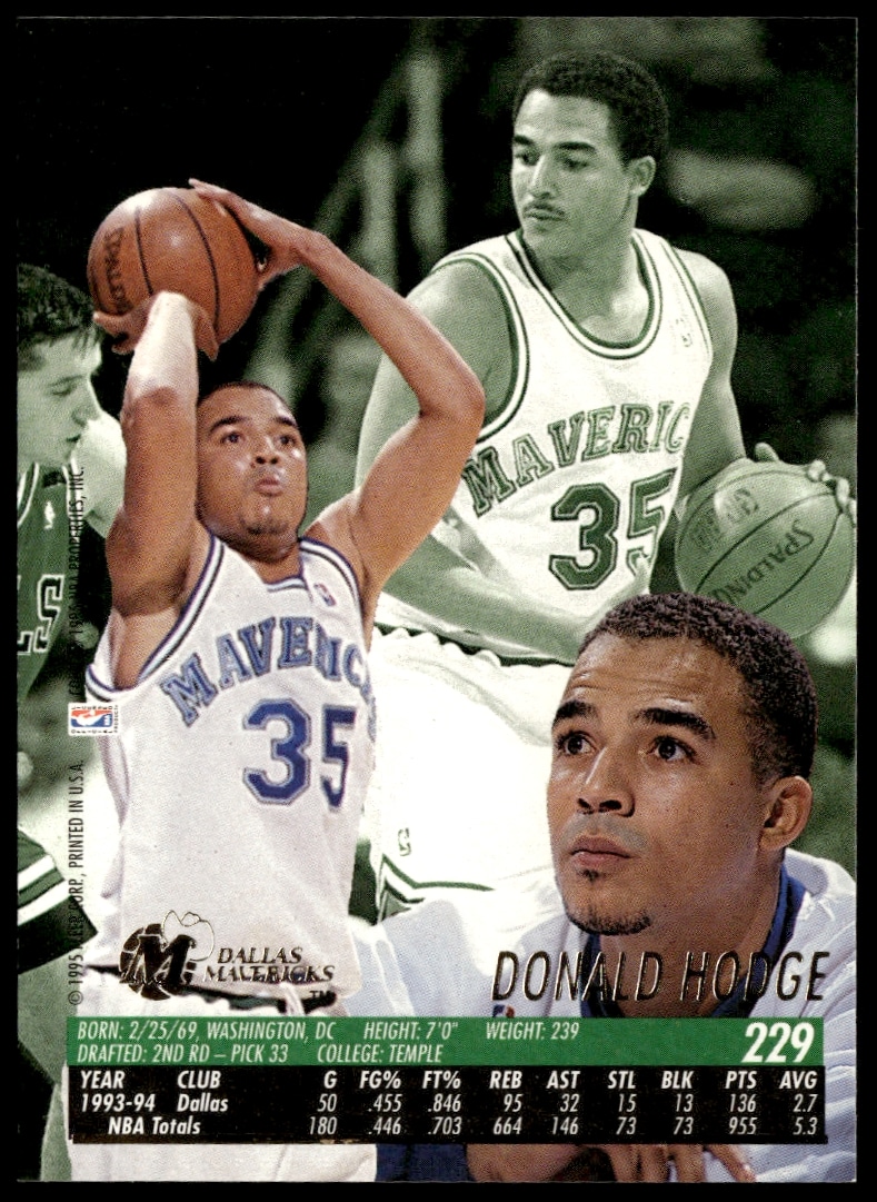 Back of 1994-95 Fleer Ultra Donald Hodge card, #229, with stats and highlights.