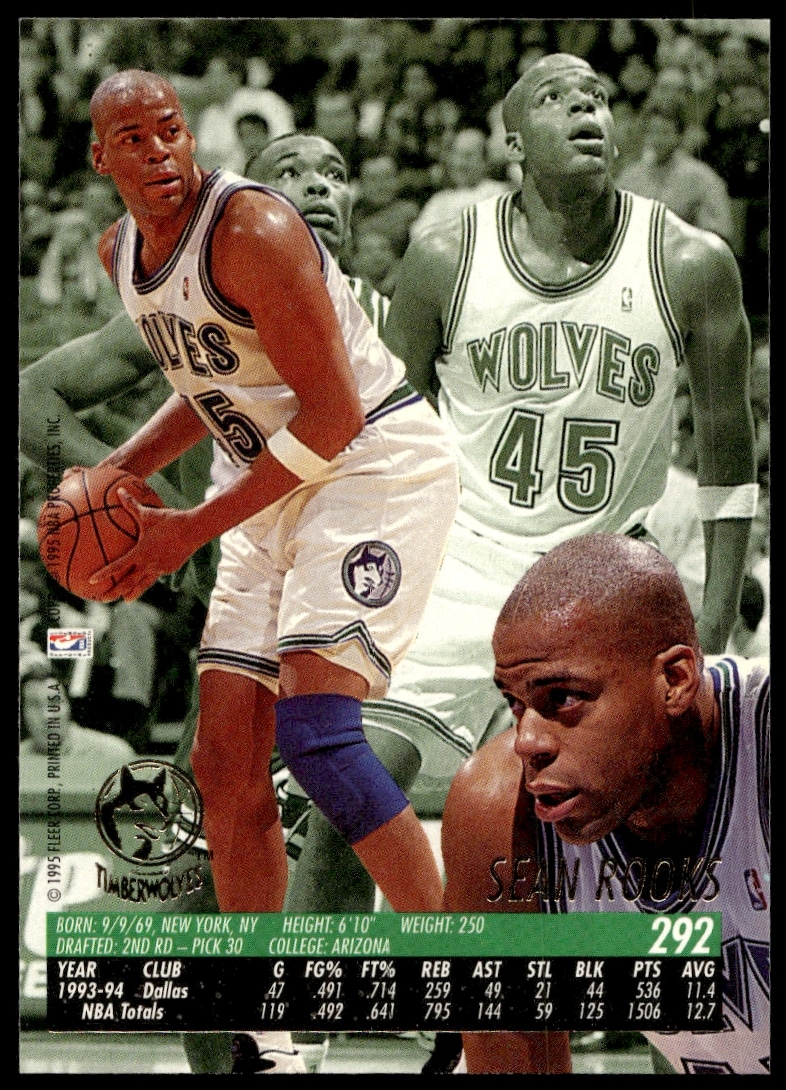 Back of 1994-95 Fleer Ultra Sean Rooks basketball card #292 with stats and biography.