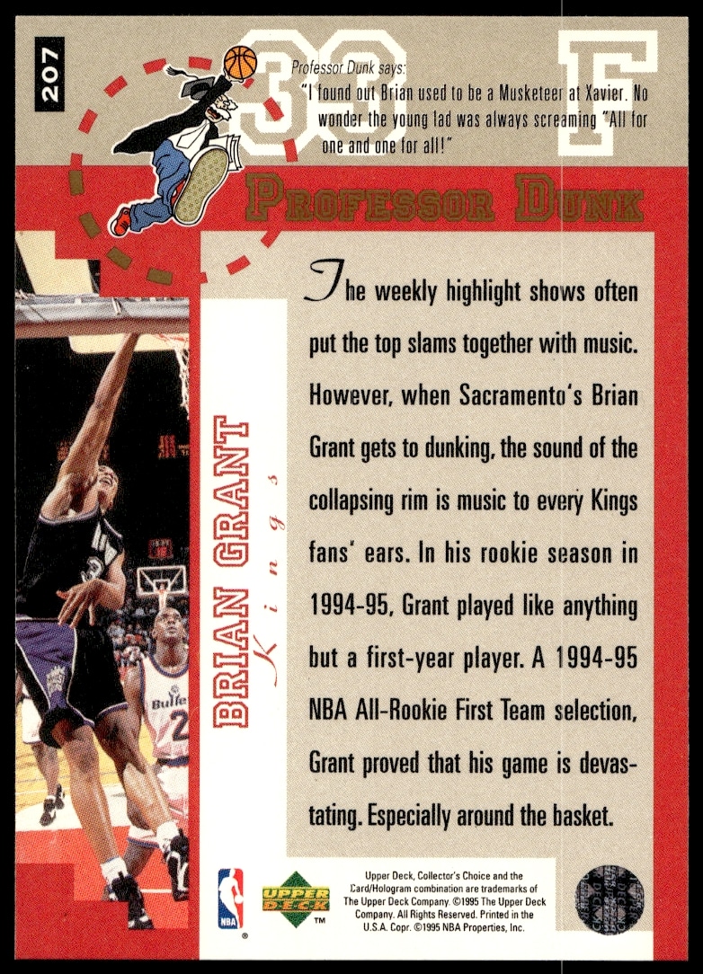Brian Grant 1995-96 Upper Deck Card #207 Back, featuring stats and achievements as a power forward.